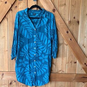TANCO Teal Blue Tropical Print Button-Front Dress